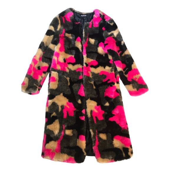 Fashion Nova Womens Camouflage Pink & Tan Faux Fur Long Coat - Picture 1 of 9